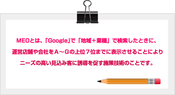 MEO�Ȥϡ���Google���ǡ��ϰ�ܶȼ�פǸ��������Ȥ��ˡ�����Ź�ޤ��Ҥ�����Ǥξ�̣��̤ޤǤ�ɽ�������뤳�Ȥˤ��ˡ����ι⤤�����ߵҤ�ͶƳ��¥���ܺ����ѤΤ��ȤǤ���